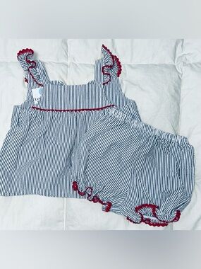 Lullaby Set Sally Swing Set sz 18 months River Royal seersucker with red RicRac